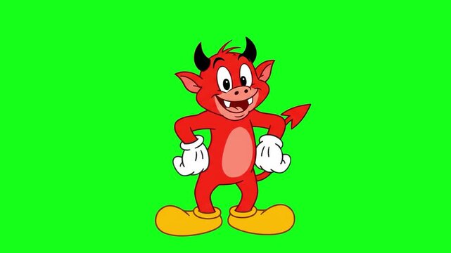 A cheerful little red devil character with horns and a tail performing a funny dance. This 2D animation on a green screen allows for easy background removal in children's videos or games.