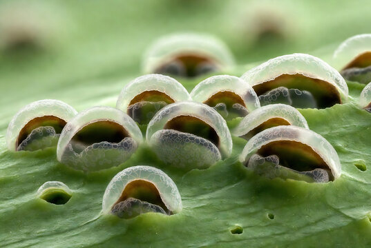 This is a microscopic view of bladderwort plants, showcasing their unique trapping mechanism on a lily pad.