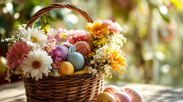 Wicker basket filled with colorful Easter eggs and fresh flowers placed in a sunny garden. Festive decor scene with warm atmosphere,for seasonal greeting, holiday and spring celebration
