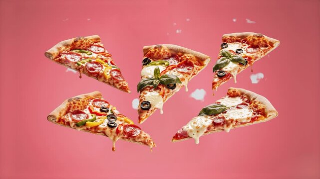 Multiple slices of fresh pizza with melting cheese and olives falling through the air against a solid pink backdrop. This dynamic 3D food animation is ideal for creative restaurant ads and food delive