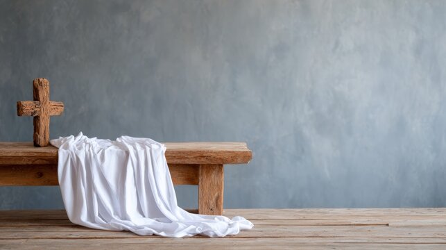 Religious symbolism with wooden cross white cloth draped on bench spiritual still life