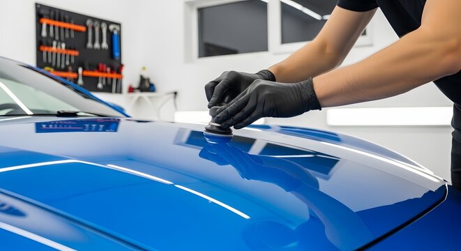 Professional automotive paint protection film application on a vibrant blue sports car hood