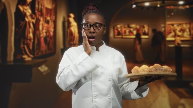 Young woman chef holding muffins, hand to cheek in building museum gallery, startled expression toward painting exhibit; surprise concern.
