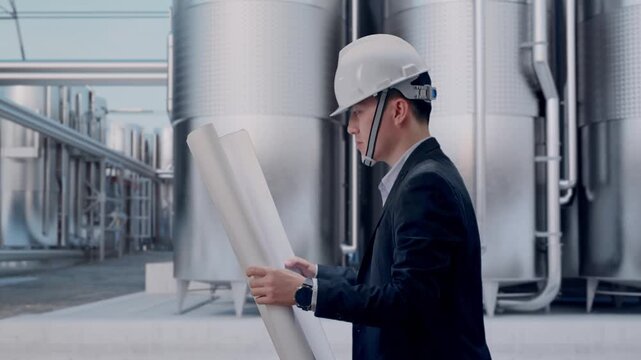 Side View of Asian Businessman Looking At Blueprint In His Hands While Walking at Industrial Chemical Plant with Row of Stainless Steel Storage Silos