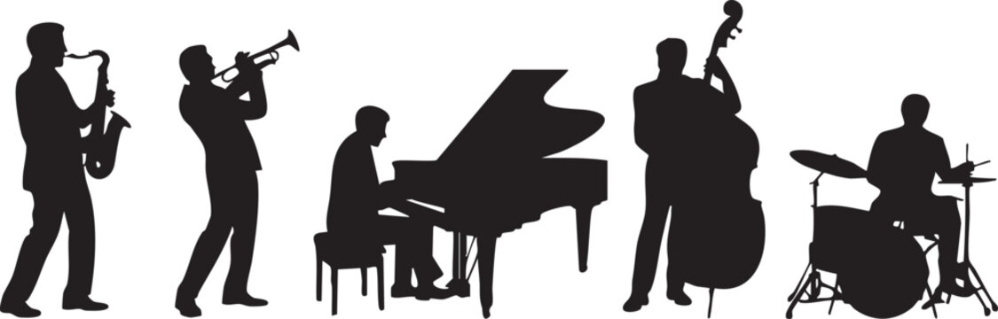 Jazz Quintet Band Musicians Black Silhouette Vector