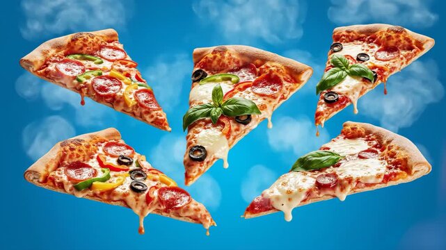 Realistic slices of fresh pizza with melting cheese and pepperoni floating in a bright blue sky with white clouds. This 3D animation concept represents "food heaven" and is ideal for creative restaura