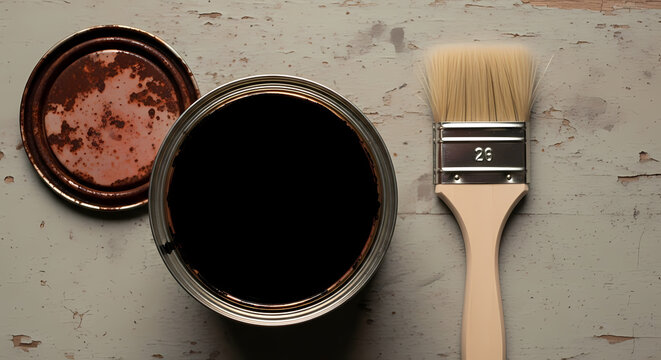 An opened can of dark paint sits beside a clean paintbrush on a weathered, rustic wooden surface, ready for a creative project.