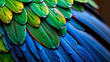 Obraz premium The image showcases a close up view of a vibrant arrangement of bird feathers, arranged in a layered pattern