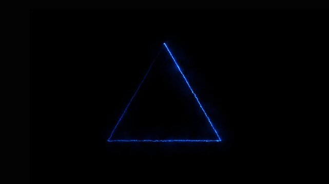 Abstract blue neon glowing triangle frame flickering on black background for modern digital design footage