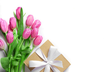 Pink tulips and gift box, Mother's Day concept