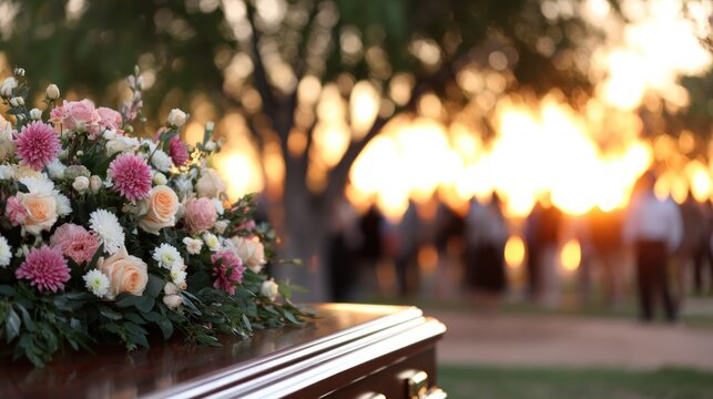 Elegant floral arrangement on casket during outdoor service with warm sunlight