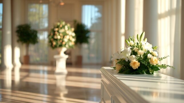 Elegant white lily and yellow rose funeral floral arrangement on ceremonial table in sunlit hall