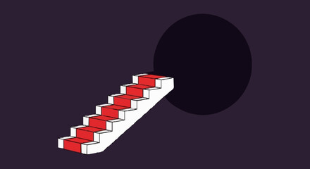 Obraz premium A surreal red-carpeted staircase ascends into a deep, enigmatic black void, symbolizing the journey into the unknown, new opportunities, and mysterious paths