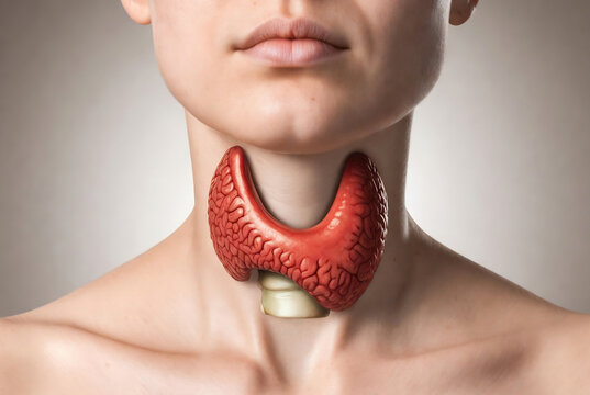 It depicts a human neck with an enlarged thyroid gland, highlighting its anatomical structure.