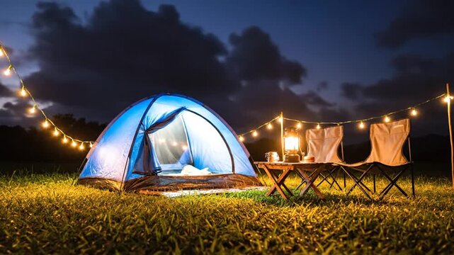 Illuminated blue camping tent in field at twilight