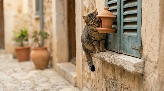 Brown tabby cat perched on a stone windowsill of an ancient Mediterranean building, gazing down at a terracotta bird feeder.