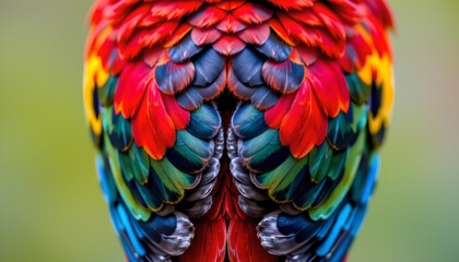 Obraz premium The image features a close up view of a colorful bird's back, showcasing an intricate array of feathers in vibrant hues of red, blue, green, yellow, and black