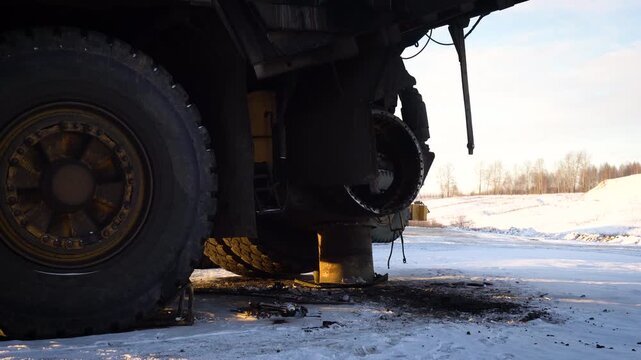Undercarriage of a Heavy Mining Dump Truck Parked on a Snowy Road in Winter. Industrial Vehicle Chassis Detail at an Outdoor Mining Site
