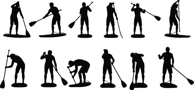 Comprehensive collection of black vector silhouettes featuring various stand up paddle boarding athletes in different rowing and balancing poses over a white background.