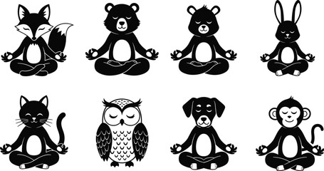 Adorable black silhouette vector set of diverse forest and domestic animals including fox bear rabbit cat owl dog and monkey meditating peacefully in lotus pose for mindfulness and wellness themes. © MstRupali