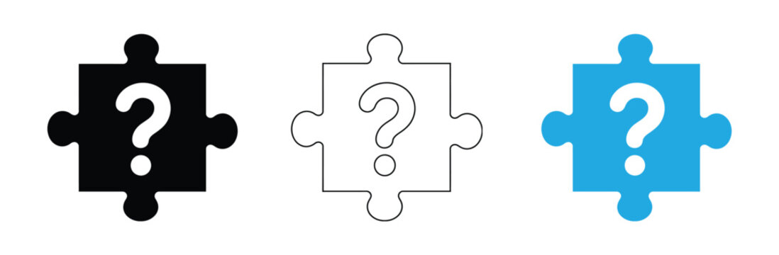 featuring a puzzle piece with a question mark to represent a problem, mystery or missing solution. Puzzle pieces with question marks in black, line, and blue Vector illustration