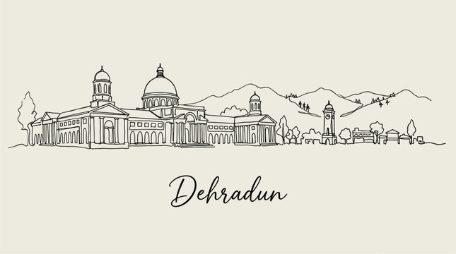 Minimalist single line drawing of Dehradun India skyline with mountains vector illustration