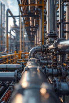 Close-Up of Industrial Pipeline and Pipe Rack System in Petroleum Chemical or Hydrogen Plant, Heavy Industry Infrastructure Generative AI Illustration