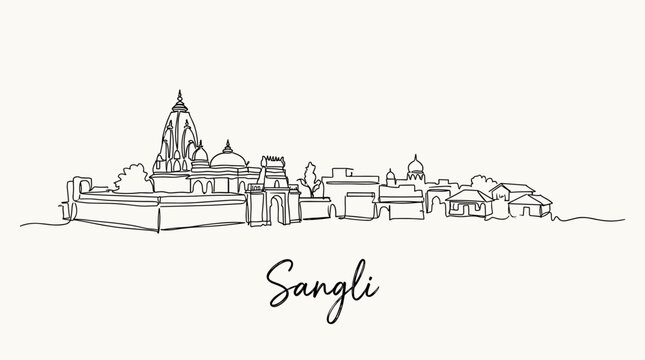 Sangli India city skyline with Ganpati Temple in continuous line drawing vector illustration