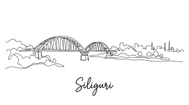 Siliguri city skyline with bridge and river minimalist continuous line art vector illustration