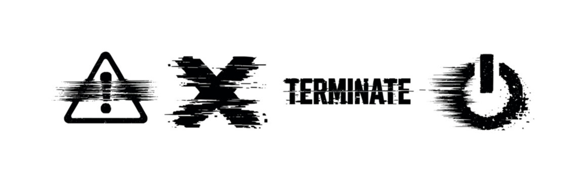 Digital abrupt failure and system termination theme, a set of 3 glitch-distorted monochrome objects placed on a perfectly clean white background