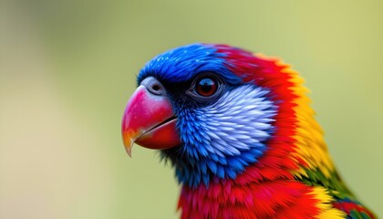 Fototapeta premium The image features a close up of a vividly colored bird with striking plumage that includes shades of blue, red, yellow, green, and orange