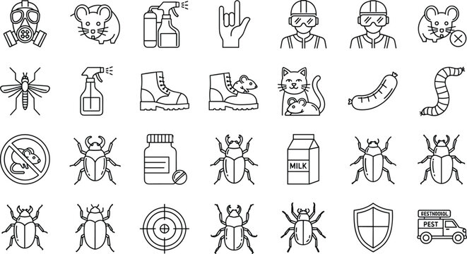 Pest Control Line Icon Set Featuring Insects Bugs Rodents Exterminator Tools and Hygiene Symbols for Cleaning and Protection Design