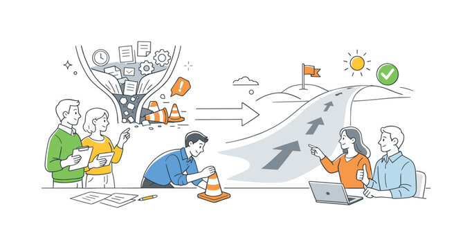 A clear bottleneck identification scenario where a team analyzes workflow delays and removes obstacles during a process review session, centered