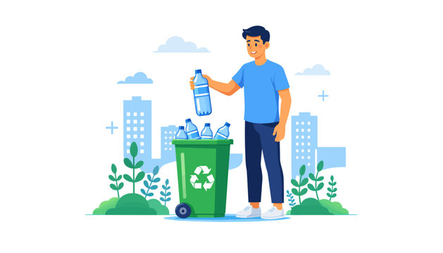 Young man recycling plastic bottle into green bin in urban setting  