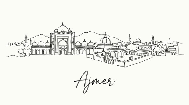 Ajmer city skyline featuring Dargah Sharif mosque in continuous line drawing vector
