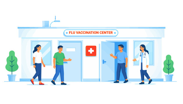 People visiting flu vaccination center with health professionals 