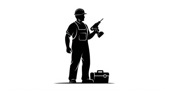 May day Construction worker, laborer, silhouette, tool belt, drill, industrial vector