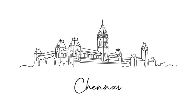 Chennai Central Railway Station skyline continuous line art isolated on white background vector illustration