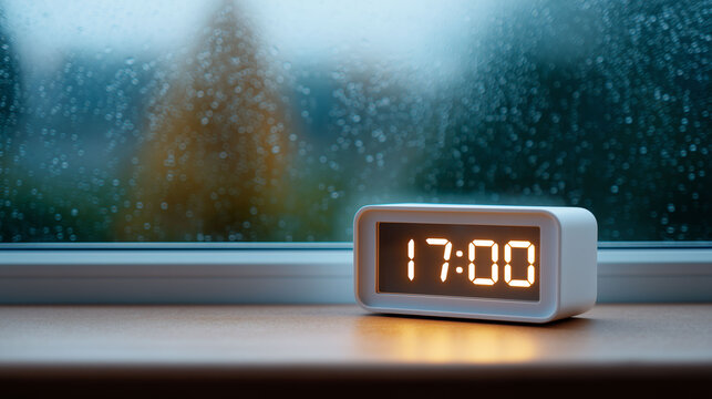 Digital Clock Showing 17:00 by Rainy Window, End of Workday and Time Management Concept