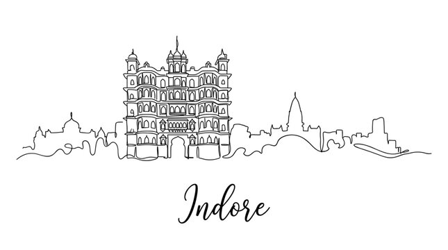 Indore city skyline with Rajwada Palace landmark isolated continuous line art vector