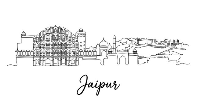 Jaipur India city skyline with Hawa Mahal landmark continuous line drawing vector illustration
