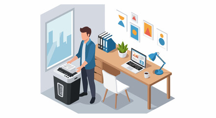 Fototapeta premium Isometric Illustration of Man Shredding Documents in Modern Office for Data Security and Privacy