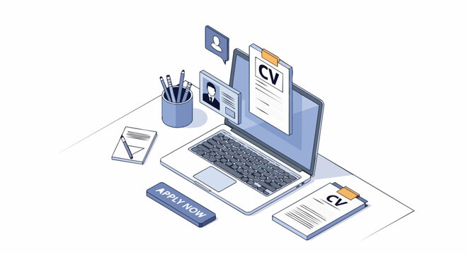 Isometric Job Application Concept with Laptop, Resume CV Documents, and Apply Now Button for Online Recruitment and Career Hiring Process