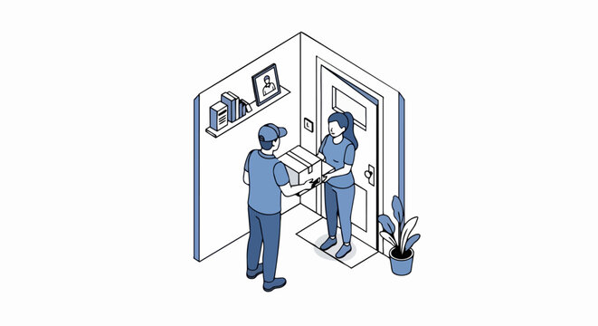 Isometric Illustration of a Courier Delivering a Package to a Customer at Home