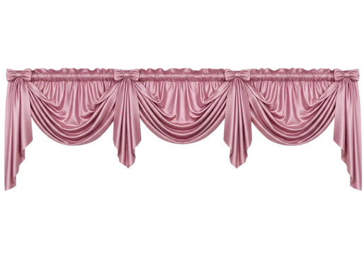 Elegant pink draped curtains with decorative bows, creating a luxurious window treatment.
