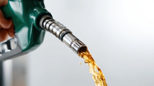 Close-up of fuel nozzle pouring gasoline against white background