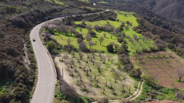 Aerial drone view of a car driving along winding road through green countryside in Lefkara, Cyprus