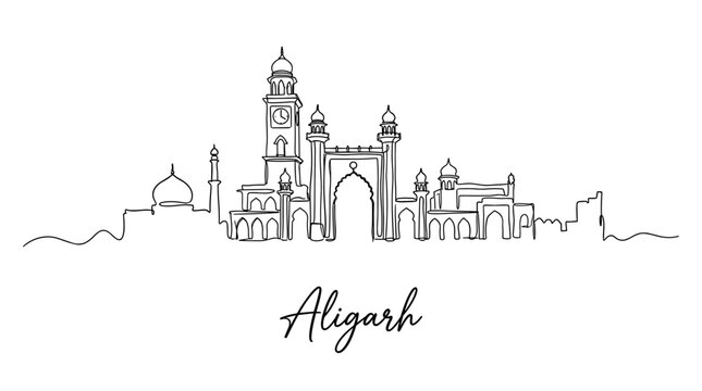 Minimalist Aligarh India city skyline continuous line art featuring AMU landmarks vector illustration