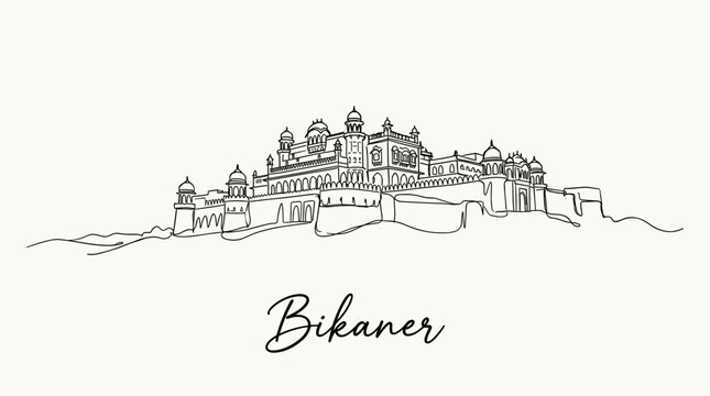 Minimalist continuous line drawing of Bikaner Junagarh Fort architectural landmark vector illustration