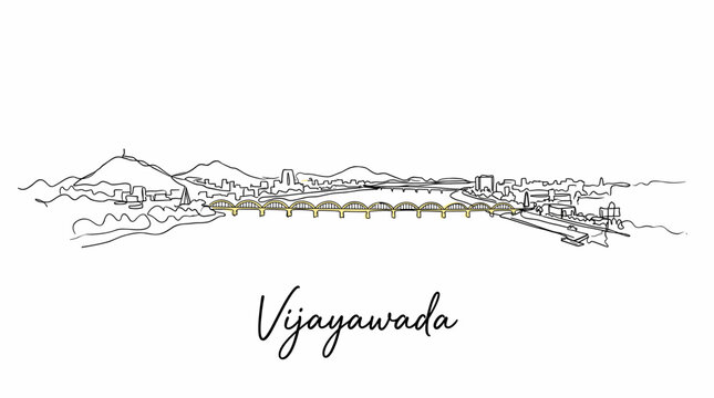 Minimalist one line drawing of Vijayawada skyline and Prakasam Barrage vector